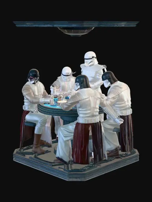 3D model for Star Wars characters gathered around a Dejarik holochess table, glowing holographic creatures mid‑battle. Warm cantina lighting, metallic sci‑fi interior, subtle smoke and ambience. Dynamic poses, expressive reactions, detailed costumes, crisp hard‑surface props. Cinematic composition, shallow depth of field, high realism, vibrant hologram effects, clean silhouettes.