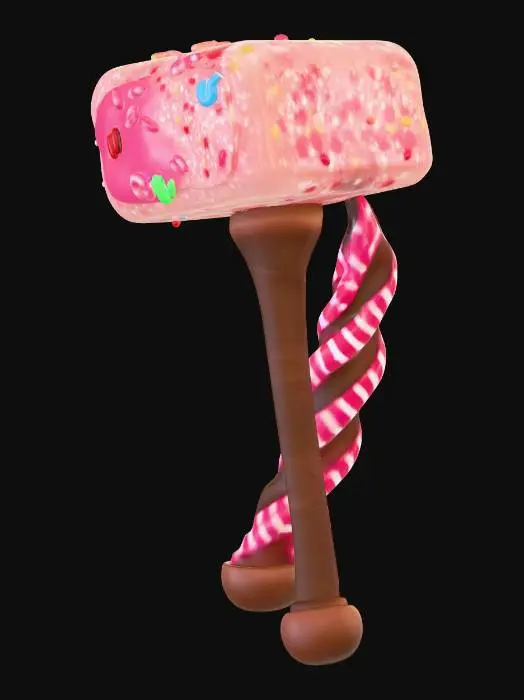 3D model for A candy-themed war hammer inspired by Thor’s Mjölnir. A short, solid Snickers-style chocolate bar forms the handle, with a glossy coating and subtle uneven texture from caramel and peanuts beneath. The hammer head is a thick rectangular sour gummy block with vibrant translucent color, soft squishy surface, and visible sugar crystals. Sprinkles, mini M&Ms, and small candies decorate the top and sides. Materials look edible and tactile with strong gloss, translucency, and texture contrast. Centered composition.