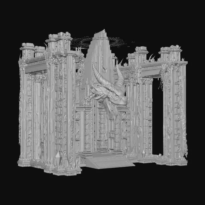 3D model for Ancient temple fused with futuristic architecture, towering stone pillars wrapped in glowing bioluminescent vines, floating crystalline shards orbiting the structure, sleek metallic inlays, holographic runes, massive dragon‑head entrance, dramatic silhouette, clean forms, centered, orthographic front view, no perspective, highly readable shapes, majestic and awe‑inspiring.