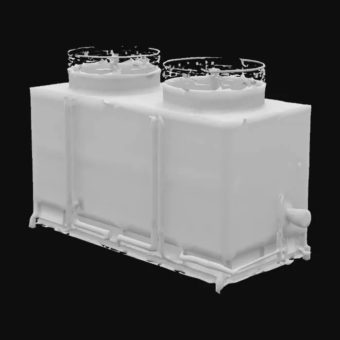 3D model for A large rooftop industrial airconditioner cooling unit with attached pipes and ducts.