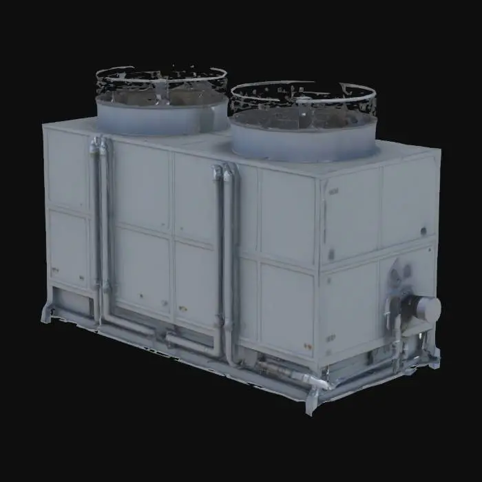 3D model for A large rooftop industrial airconditioner cooling unit with attached pipes and ducts.