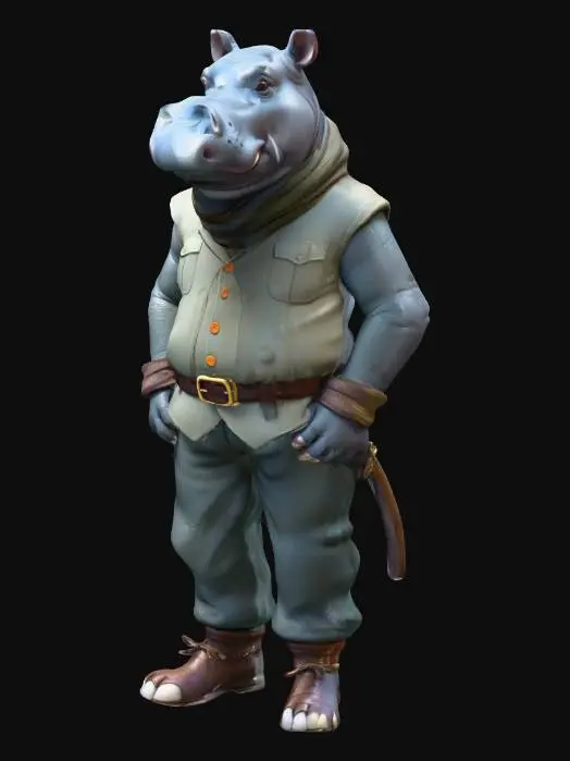 3D model for Create a friendly anthropomorphic hippo‑like humanoid inspired by the Giff species from fantasy role‑playing games. Design him in the soft, charming visual style of the children’s cartoon Babar. His name is Geoff, and he has the personality of a clever, street‑smart rogue with a subtle mystical aura.
Geoff should have a warm, approachable expression, rounded shapes, and gentle colors. Outfit him in light rogue‑style clothing such as a vest, scarf, belts, or small satchels. Add small mystical details like simple runes or a small charm on his gear. His overall look should be adventurous, with aggressive or dark elements. Full‑body character, clean silhouette, suitable for 3D printing