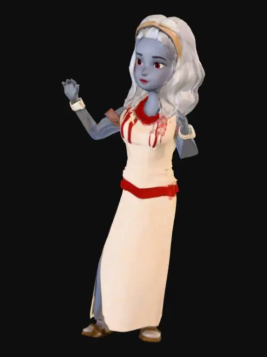 3D model for A tall, unnervingly beautiful demon woman with smooth ash-gray skin and flowing wavy white-blonde hair, held back by a golden headband. Her bright icy blue eyes shine with both innocence and malice, giving her an unsettling, otherworldly presence. She wears an ivory dress with red accents, decorated with blood-like patterns near the collar. Her wrists are bound with simple golden cuffs, and she wears ancient leather sandals strapped up her legs, suggesting a ritualistic or fallen-angel heritage.

Despite her elegant, almost angelic beauty, there’s an aura of menace around her — her smile feels wrong, too wide, too calm. She stands in a poised, ready stance, as though she could either embrace you or strike you down in the next moment. ashen skin, blood-red accents, cold eyes.
