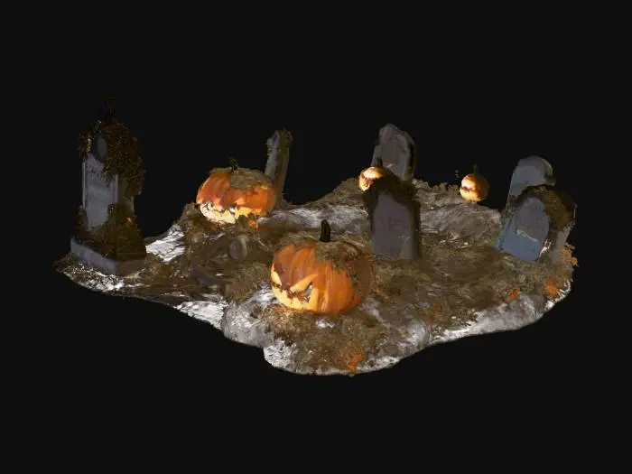 3D model for A dim, foggy autumn forest with an ancient, moss-covered cemetery, illuminated by giant Jack-o'-lanterns., #Halloween2025#