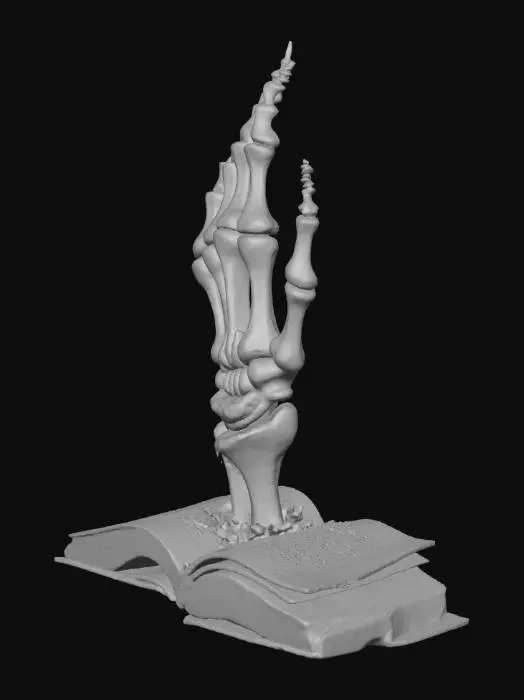 3D model for A slender, bony skeleton hand, as if bursting from an old book, for a desktop decoration., #Halloween2025#