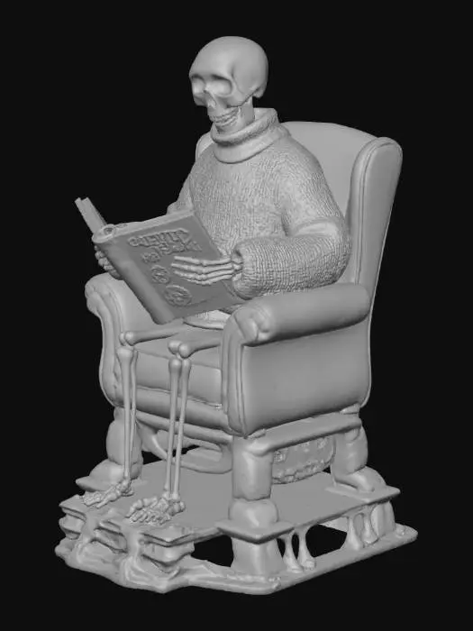 3D model for A relaxed skeleton figure reading a Halloween-themed book in front of a burning fireplace, with a hot drink beside it., #Halloween2025#