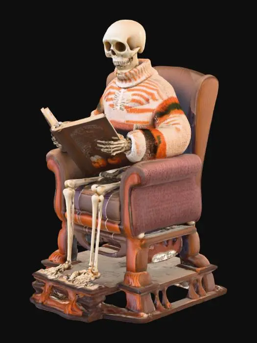 3D model for A relaxed skeleton figure reading a Halloween-themed book in front of a burning fireplace, with a hot drink beside it., #Halloween2025#