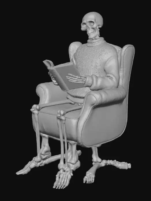 3D model for A relaxed skeleton figure reading a Halloween-themed book in front of a burning fireplace, with a hot drink beside it., #Halloween2025#