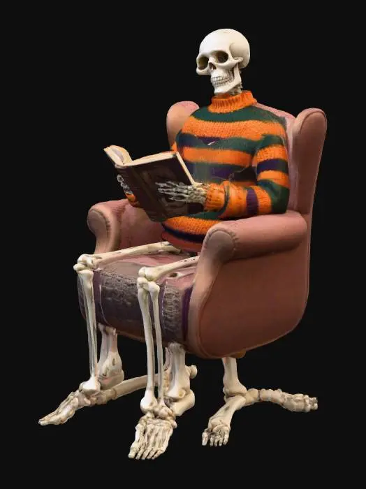 3D model for A relaxed skeleton figure reading a Halloween-themed book in front of a burning fireplace, with a hot drink beside it., #Halloween2025#