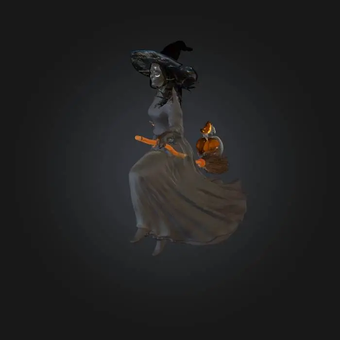 3D model for A witch's silhouette soaring through the air under a full moon, with pumpkin and bat details on her broomstick, among dark clouds., #Halloween2025#