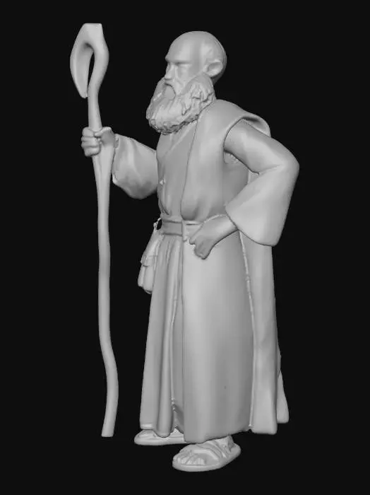 3D model for A 3D character of an elderly Babylonian merchant standing in A-pose. He has sun-weathered skin and a wise expression. Wearing a simple cream-colored linen tunic wrapped around his body and leather sandals. He has a short grey beard. High quality, realistic textures, PBR, 4k, ancient history style.