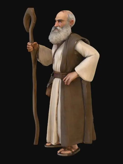 3D model for A 3D character of an elderly Babylonian merchant standing in A-pose. He has sun-weathered skin and a wise expression. Wearing a simple cream-colored linen tunic wrapped around his body and leather sandals. He has a short grey beard. High quality, realistic textures, PBR, 4k, ancient history style.