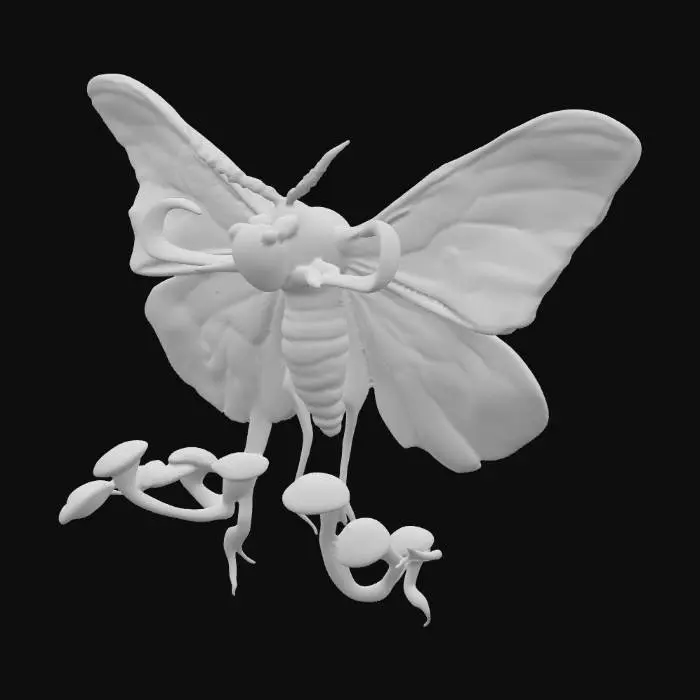 3D model for a large winged realistic  moth with zombie parasite tendril infestation and large mushroom like fungal growth 