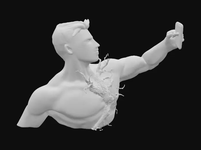 3D model for Modello 3D di una statua stilizzata maschile, con linee moderne e organiche. La figura è attraversata da radici e crepe che percorrono il corpo, come se fosse fusa con la natura. I piedi della statua emergono da una roccia, come se la statua fosse nata o inghiottita dalla pietra. Il braccio destro è sollevato e teso in avanti, lontano dal corpo, con la mano che afferra uno smartphone. L’aspetto deve trasmettere il contrasto tra tecnologia e natura, come se l’uomo fosse stato inghiottito dalla roccia a causa della tecnologia. Il volto deve essere privo di segni identificativi (senza pupille, espressione neutra e stilizzata). La mesh deve essere definita, con linee dure e dettagli nitidi, pronta per la stampa 3d
