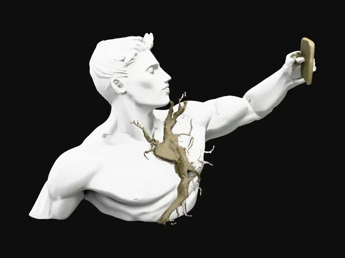 3D model for Modello 3D di una statua stilizzata maschile, con linee moderne e organiche. La figura è attraversata da radici e crepe che percorrono il corpo, come se fosse fusa con la natura. I piedi della statua emergono da una roccia, come se la statua fosse nata o inghiottita dalla pietra. Il braccio destro è sollevato e teso in avanti, lontano dal corpo, con la mano che afferra uno smartphone. L’aspetto deve trasmettere il contrasto tra tecnologia e natura, come se l’uomo fosse stato inghiottito dalla roccia a causa della tecnologia. Il volto deve essere privo di segni identificativi (senza pupille, espressione neutra e stilizzata). La mesh deve essere definita, con linee dure e dettagli nitidi, pronta per la stampa 3d
