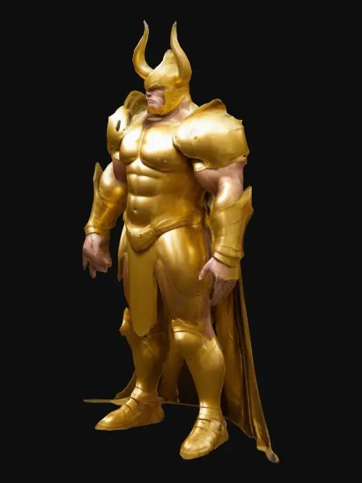 3D model for A giant buffed swole knight, wearing golden armor with horn helmet. He's very big and fat and swole and buffed muscle. T pose, A pose, T-pose, A-pose, realistic. 2 Horns golden helmet. Golden armor. 