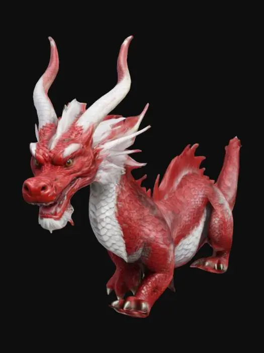 3D model for Giant Asian Dragon, he's cherry red colour, having a white mane. His eyes glowing shining white. He have 2 giant black horns,  