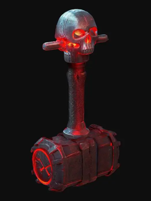 3D model for Mjolnir hammer but in cyberpunk style. Red lighting. Have a little skull on top. 