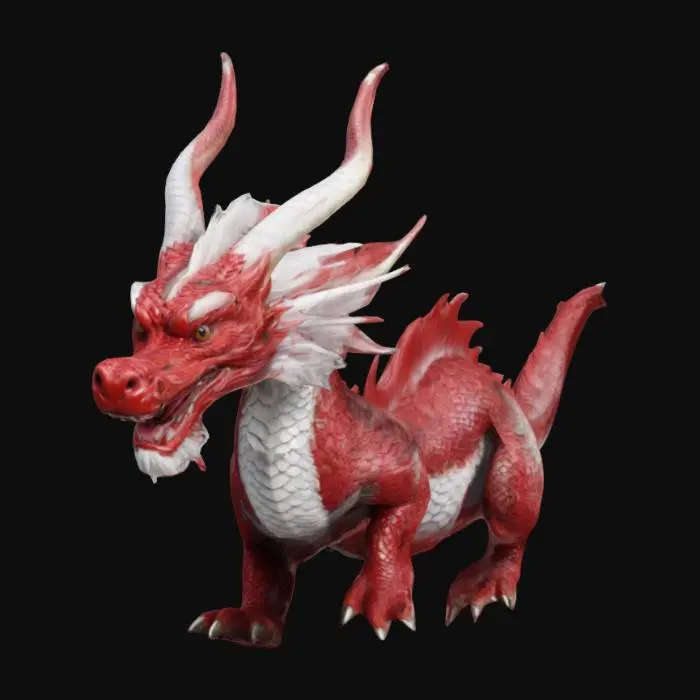 3D model for Giant Asian Dragon, he's cherry red colour, having a white mane. His eyes glowing shining white. He have 2 giant black horns,  