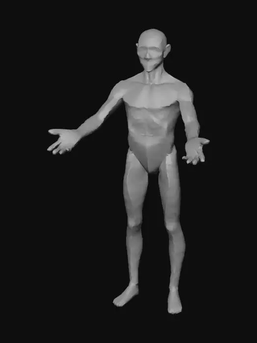 3D model for Create a stylized low-poly 3D character of a primitive human for a survival game. The character should look like a simple caveman-like small human with clean silhouette, slightly cute proportions, basic primitive clothing, minimal detail, and readable form. Keep the model game-ready for Unity, low-poly, neutral standing pose, and suitable for later animation. Single character only. No extra props.