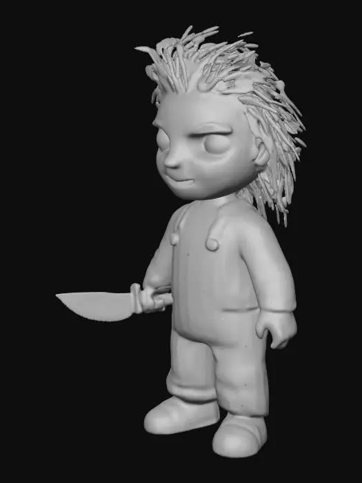 3D model for A high-quality amigurumi style Chucky character, exactly matching the pose, proportions, and details of the reference image. Features intricate physical 3D knitting geometry, thick wool yarn texture, and depth-mapped crochet stitches. He has bright orange knitted hair, stitched scars on his face, large black knitted eyes. Wears a blue knitted overalls with "Good Guys" text in red, a rainbow striped knitted shirt, and red knitted shoes. Holds a small knitted knife. High poly detail, realistic craft aesthetic, sharp focus.
Negative Prompt:
smooth surface, plastic look, low poly, blurry texture, deformed, ugly, bad anatomy, simple geometry, flat surface, missing details, wrong colors