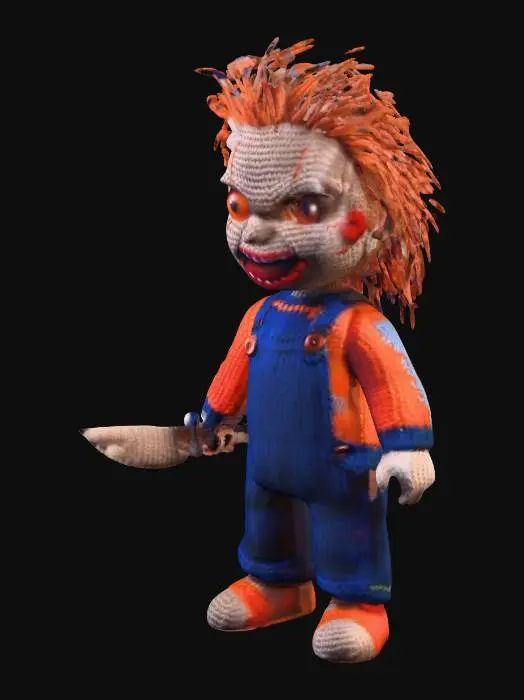 3D model for A high-quality amigurumi style Chucky character, exactly matching the pose, proportions, and details of the reference image. Features intricate physical 3D knitting geometry, thick wool yarn texture, and depth-mapped crochet stitches. He has bright orange knitted hair, stitched scars on his face, large black knitted eyes. Wears a blue knitted overalls with "Good Guys" text in red, a rainbow striped knitted shirt, and red knitted shoes. Holds a small knitted knife. High poly detail, realistic craft aesthetic, sharp focus.
Negative Prompt:
smooth surface, plastic look, low poly, blurry texture, deformed, ugly, bad anatomy, simple geometry, flat surface, missing details, wrong colors