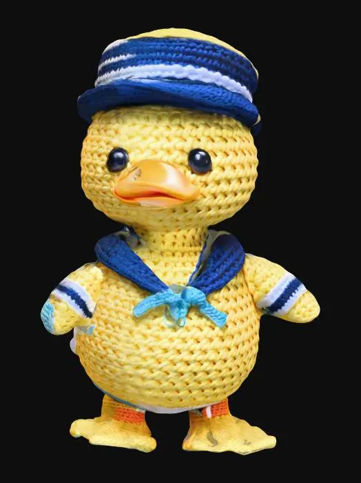 3D model for Cute amigurumi duck toy dressed as a sailor,
yellow crochet yarn texture,
blue sailor outfit and hat,
round body, small wings,
kawaii plush style,
3D printable solid STL