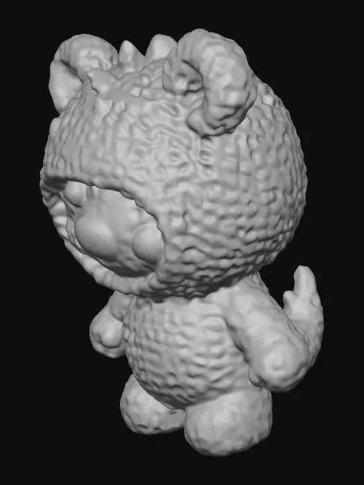 3D model for Cute amigurumi teddy bear wearing a dinosaur hoodie,
green crochet yarn costume with small spikes,
round chibi body, plush toy style,
knitted handmade texture,
solid manifold STL, no supports needed