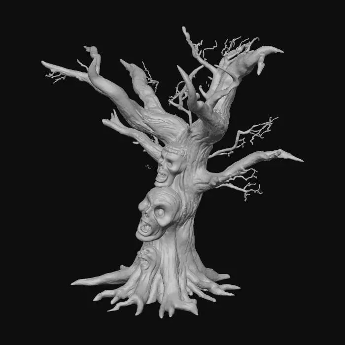 3D model for an ancient twisted tree growing over forgotten graves, faces carved into the bark whispering softly, faint lights hanging from its branches, roots like crawling fingers, mist and moonlight around, eerie yet beautiful Halloween mood