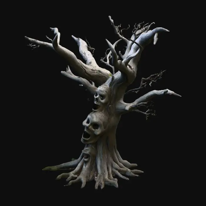 3D model for an ancient twisted tree growing over forgotten graves, faces carved into the bark whispering softly, faint lights hanging from its branches, roots like crawling fingers, mist and moonlight around, eerie yet beautiful Halloween mood