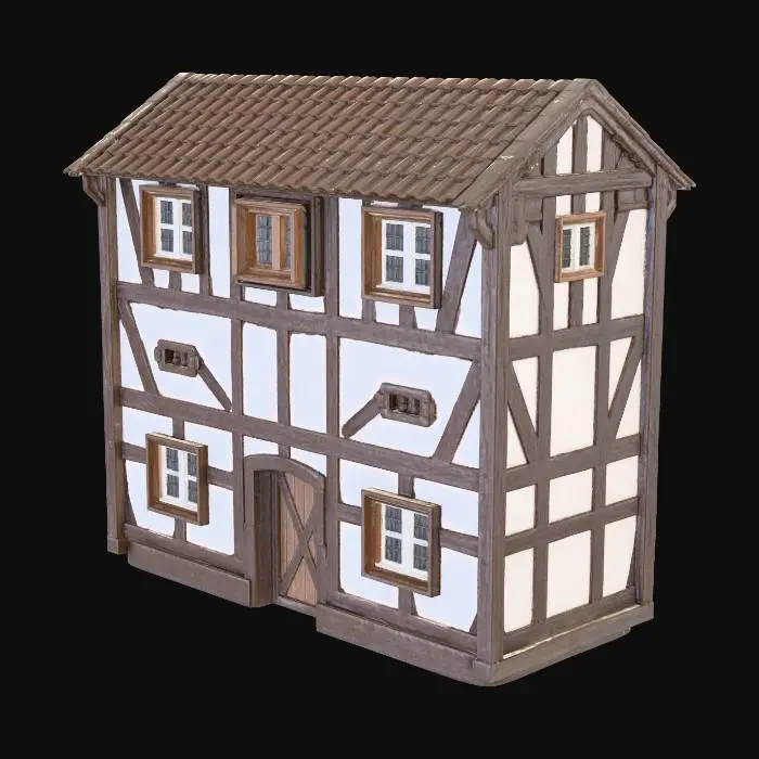 3D model for Modular Alsatian half timbered wall section only, 
single flat facade panel, no roof, no full building, 
front view only, flat back side, 
clean topology, low poly optimized, 
minimal surface noise, 
realistic proportions, 
centered pivot at bottom center, 
game ready asset for Unreal Engine, 
isolated mesh, no environment