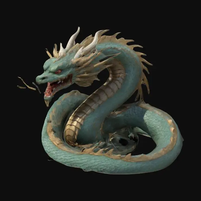 3D model for a detailed 3D model of a dragon inspired by ancient Chinese mythology, featuring a coiled body with visible scales, an open mouth showcasing sharp teeth, and various protrusions along its upper body. The dragon should resemble the mythical dragons from the Dragon Ball series, with exaggerated features like long whiskers, curved horns, and a majestic yet menacing posture. The design should prioritize clean geometry suitable for 3D printing, avoiding excessive fine details to ensure a smooth print
