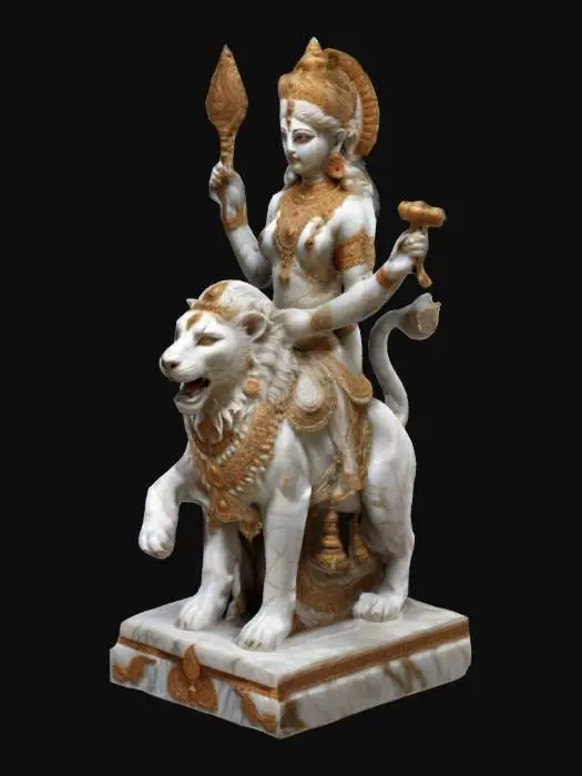 3D model for Divine life-size marble moorti of Goddess Mahishasur Mardini (Durga), seated gracefully on her lion mount. Intricate traditional Indian carving, serene yet fierce expression, ornate jewelry, flowing garments, symbolic weapons, realistic textures, ideal for 3D rendering. , #women#