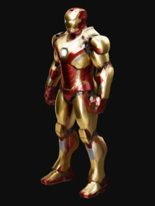 3D model for Iron Man tony stark with suit, The object features a sleek, humanoid shape with angular geometric lines and a smooth, metallic texture,, Sci-Fi, Stylized, Gold, Silver, Silver, Gold, Polished, Full Body,  predominantly in red and gold.