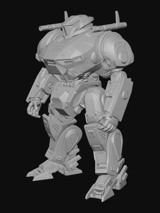 3D model for 一款未来主义军事机甲，其设计灵感源自真实的航空航天工程，拥有流畅而厚重的装甲机身、胸前闪耀的能量核心、强化的钛合金装甲板、肩部导弹发射器，以及电影级的科幻美学、超高细节的表面、基于物理的渲染材质和极具戏剧性的光照效果，是一款适用于电影制作的3D模型。