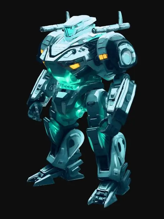 3D model for 一款未来主义军事机甲，其设计灵感源自真实的航空航天工程，拥有流畅而厚重的装甲机身、胸前闪耀的能量核心、强化的钛合金装甲板、肩部导弹发射器，以及电影级的科幻美学、超高细节的表面、基于物理的渲染材质和极具戏剧性的光照效果，是一款适用于电影制作的3D模型。