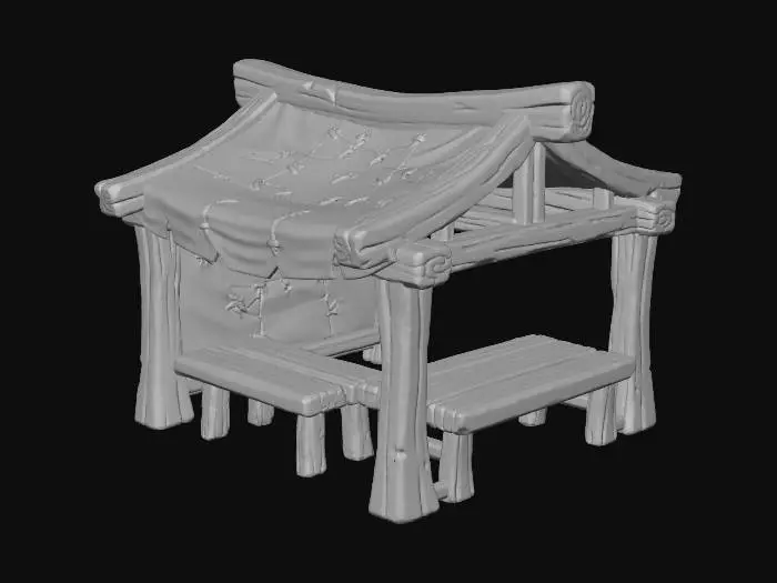 3D model for A small open-air market tent for a fantasy village. Colorful cloth roof, wooden frame, empty tables only. No objects on tables. Stylized proportions, hand-painted fantasy textures, soft shapes, inspired by WoW and LoL graphics. Low-poly, game-ready, bright and welcoming look, perfect for an MMORPG starting zone