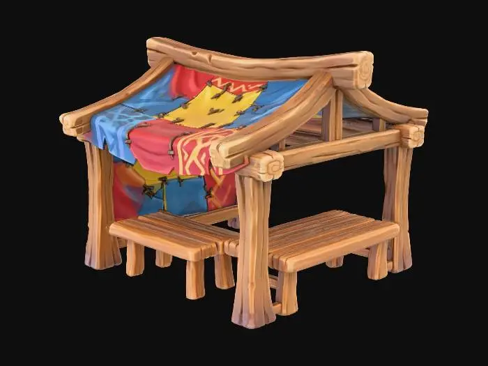 3D model for A small open-air market tent for a fantasy village. Colorful cloth roof, wooden frame, empty tables only. No objects on tables. Stylized proportions, hand-painted fantasy textures, soft shapes, inspired by WoW and LoL graphics. Low-poly, game-ready, bright and welcoming look, perfect for an MMORPG starting zone
