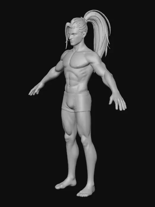 3D model for Create a young male character with a build between skinny and lightly muscular, wearing only a simple underwear brief. Art style inspired by League of Legends: stylized heroic proportions, smooth shapes, clean topology look, vibrant yet controlled colors, semi-realistic shading. He has straight long hair tied in a sleek high ponytail, with a few loose strands framing the face. Soft defined muscles, expressive eyes, youthful features, clean skin texture. Neutral standing pose, balanced anatomy, studio lighting, high-quality render suitable as a base model for future equipmen