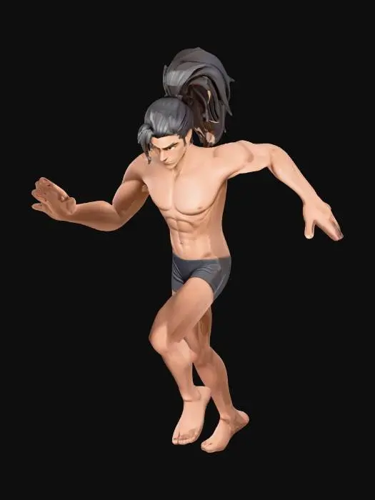 3D model for Create a young male character with a build between skinny and lightly muscular, wearing only a simple underwear brief. Art style inspired by League of Legends: stylized heroic proportions, smooth shapes, clean topology look, vibrant yet controlled colors, semi-realistic shading. He has straight long hair tied in a sleek high ponytail, with a few loose strands framing the face. Soft defined muscles, expressive eyes, youthful features, clean skin texture. Neutral standing pose, balanced anatomy, studio lighting, high-quality render suitable as a base model for future equipmen