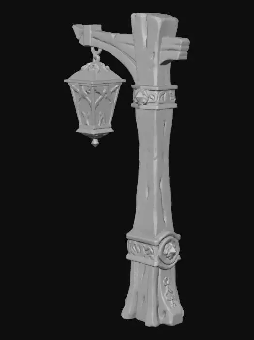 3D model for je veux un lampadaire en bois qui contient un peut de métal avec une lanterne pour mon mmorpg à la WoW, avec les graphisme à la league of legend