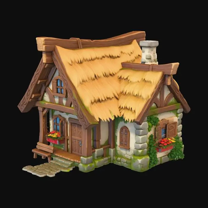 3D model for je veux une maison de villageois pour un mmorpg de type WoW, graphisme League of Legend