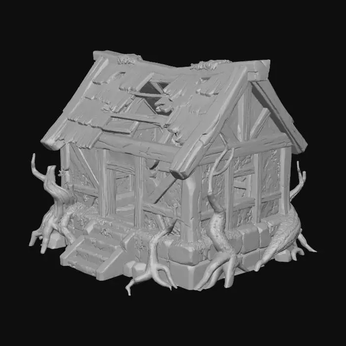 3D model for A small collapsed wooden house for a fantasy forest spawn zone. Broken roof, cracked walls, missing planks, partially destroyed structure. Stylized proportions inspired by World of Warcraft and League of Legends, with hand-painted textures and soft cartoony shapes. Overgrown roots and moss around the base. Low-poly, clean silhouette, warm fantasy colors. No props inside, empty interior.