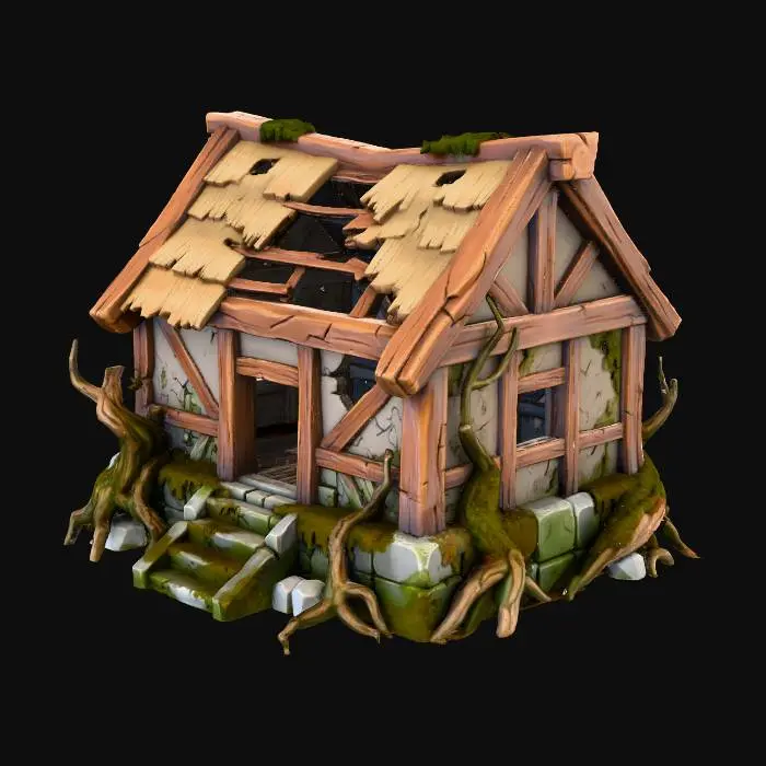 3D model for A small collapsed wooden house for a fantasy forest spawn zone. Broken roof, cracked walls, missing planks, partially destroyed structure. Stylized proportions inspired by World of Warcraft and League of Legends, with hand-painted textures and soft cartoony shapes. Overgrown roots and moss around the base. Low-poly, clean silhouette, warm fantasy colors. No props inside, empty interior.