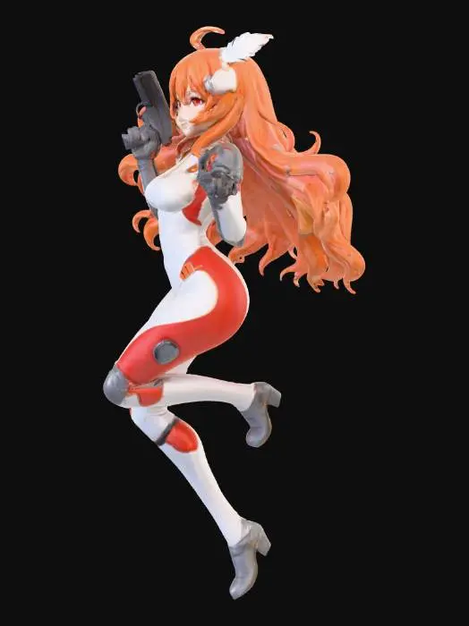 3D model for Детализированная 3D-модель аниме-девушки с длинными волнистыми оранжевыми волосами и ярко-красными глазами, запечатленная в динамичной позе прыжка. На ней облегающий футуристический комбинезон, преимущественно белый с яркими красными акцентами и золотыми пряжками. Костюм имеет серые, слегка бронированные вставки на предплечьях. Белое перовидное украшение в волосах, и она держит матовый черный пистолет с надписью "ENIGMA". Выражение лица — открытая улыбка.