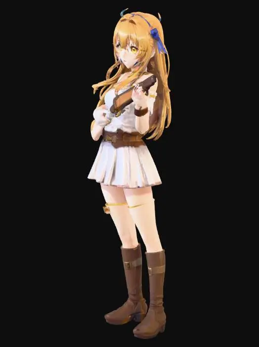 3D model for Женский персонаж в аниме-стиле, с длинными золотисто-русыми волосами, собранными в высокий хвост синей лентой. У нее большие золотисто-желтые глаза и слегка удивленное, нежное выражение лица. Одета в белую блузку с открытыми плечами и плиссировкой, коричневые кожаные ремни с золотыми пряжками и короткую белую юбку с розовой каймой. На ней коричневые перчатки без пальцев и высокие сапоги. В руках она держит винтовку с темным металлическим стволом и деревянным прикладом, украшенным золотой вставкой со звездой.