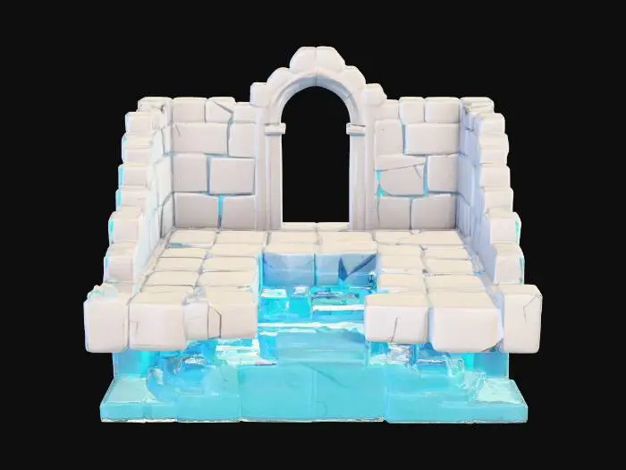 3D model for low-poly ancient floating ruin, white stone, blue glowing runes, broken edges, clean design, isometric game asset, stylized, pristine, video game style