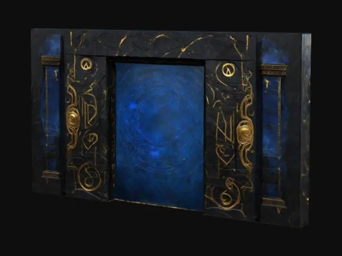 3D model for A towering, ancient gateway carved from black marble, its surface etched with glowing golden runes that pulse like a heartbeat. At its center, a swirling vortex of deep blue energy crackles with raw power, distorting the air around it. Wisps of mist curl at its base, and faint whispers echo from beyond, hinting at a forgotten realm waiting on the other side
