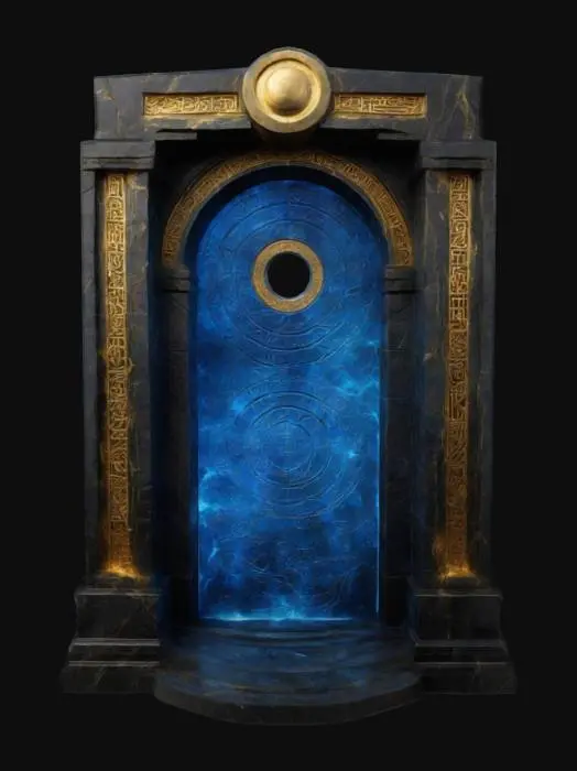 3D model for A towering, ancient gateway carved from black marble, its surface etched with glowing golden runes that pulse like a heartbeat. At its center, a swirling vortex of deep blue energy crackles with raw power, distorting the air around it. Wisps of mist curl at its base, and faint whispers echo from beyond, hinting at a forgotten realm waiting on the other side