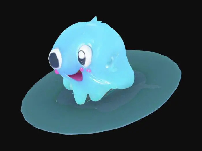 3D model for Create a stylized, low-poly 3D slime creature with a jelly-like, squishy appearance. It should be a semi-transparent round blob with big eyes and a simple smile. Animate it with a cute idle bounce or wobble — like it's breathing or pulsing gently in place. The animation should loop smoothly. Style is suitable for Roblox or mobile games. Export model and idle animation together (GLB or FBX with animation).